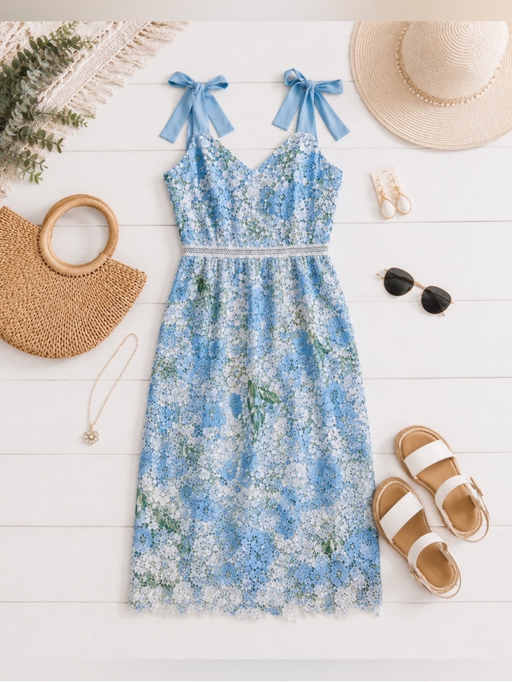 Blue Floral Lace Tie-Shoulder Midi Dress
